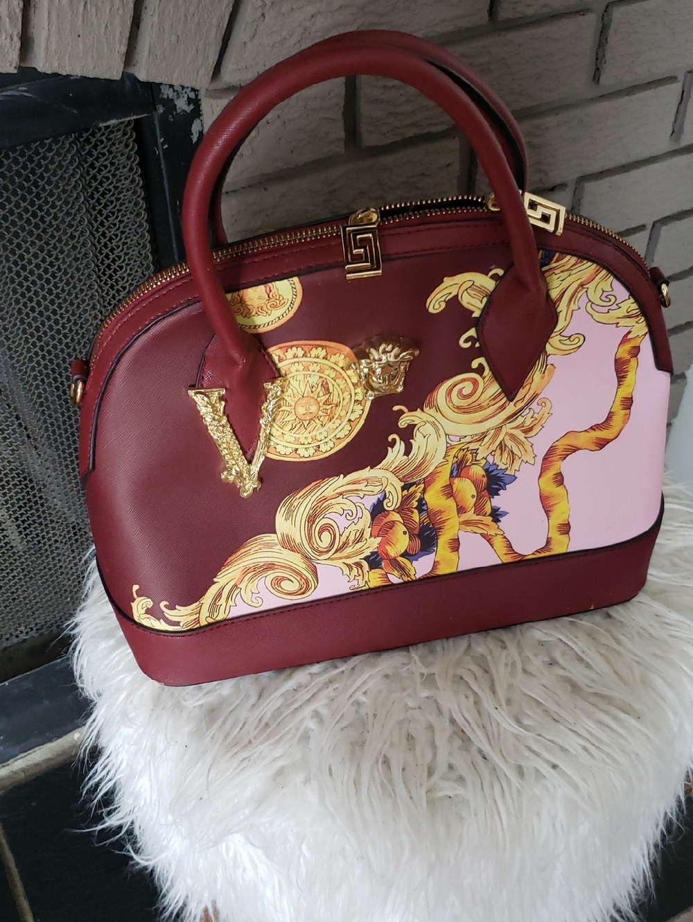 Maroon and Pink Baroque Dome Satchel Handbag
